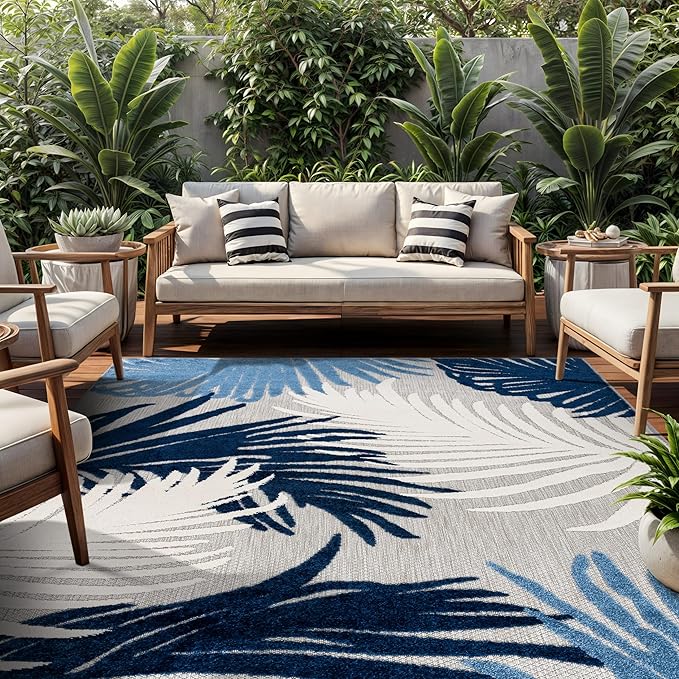 Rugshop Navy Lucca Contemporary Floral Indoor/Outdoor Area Rug Durable Polypropylene, Weather Resistant, Easy to Clean for Backyard, Deck and Outdoor Lounge 8'8" x 12'