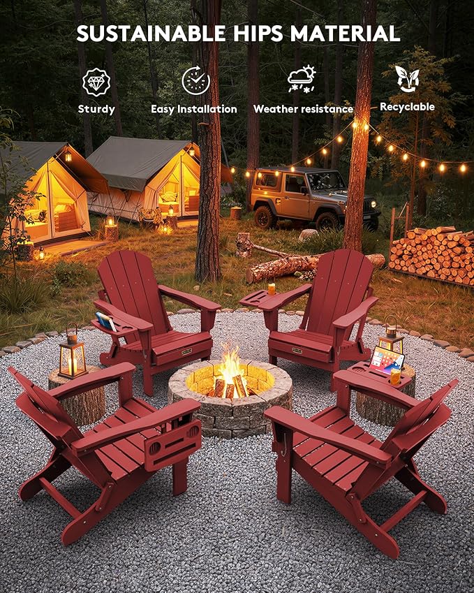SERWALL Folding Adirondack Chair Set of 4, Outdoor Adirondack Chairs with 4 in 1 Cup Holder, Wood Texture Patio Chairs, Weather Resistant Fire Pit Chairs for Patio Deck Garden, Backyard - Red