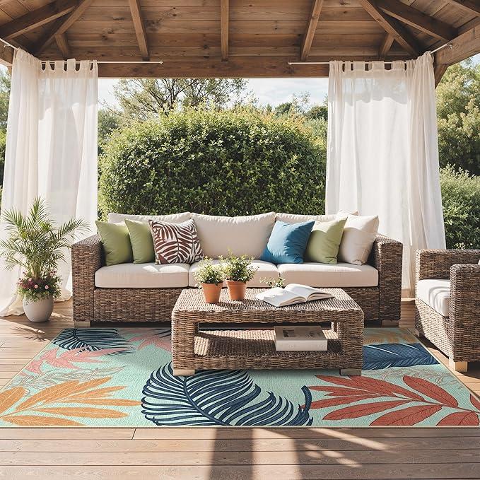 GENIMO Outdoor & Indoor Area Rug 5'x8', Waterproof, Non-Shedding, Easy Cleaning, Leaf Mat for Patio, Living Room, Balcony, Dining Room, RV, Deck, Bedroom, Camping, Outside Carpet, Blue Paint