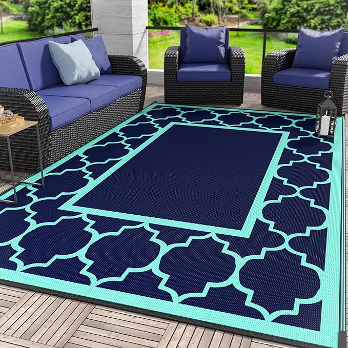 GENIMO 9 ' x 12 ' Outdoor Rug for Patio, Waterproof Indoor Outdoor Plastic Straw Rugs Carpet, Reversible Outside Area Mat for Camping, Balcony Porch, Deck, Picnic, Beach Navy Blue & Jade Green