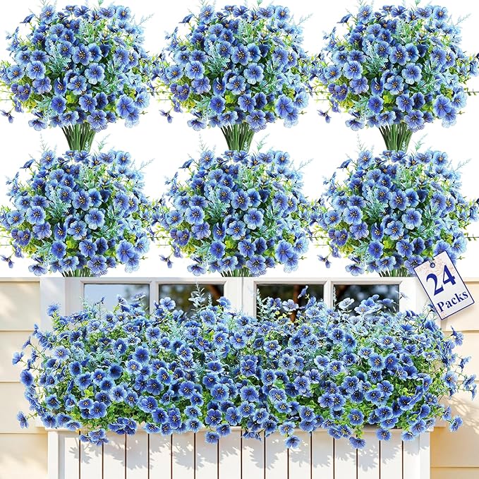 SHareconn 24 Bundles Artificial Flowers for Outdoors Decoration, Faux Plants Fake Silk Colorful Daisy Eucalyptus Lavender, UV Resistant for Outside Home Porch Patio Indoor Spring Decor, Blue