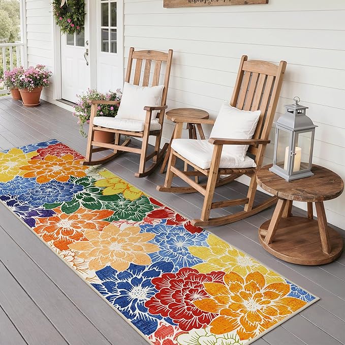 GENIMO 2.5’x8’ Indoor Outdoor Runner Rug for Hallway, Washable Waterproof Bedside Rugs, Non-Slip, Floral Mat Carpet for Patio, Living Room, Bedroom, Balcony, Kitchen, Deck, Porch, Colorful