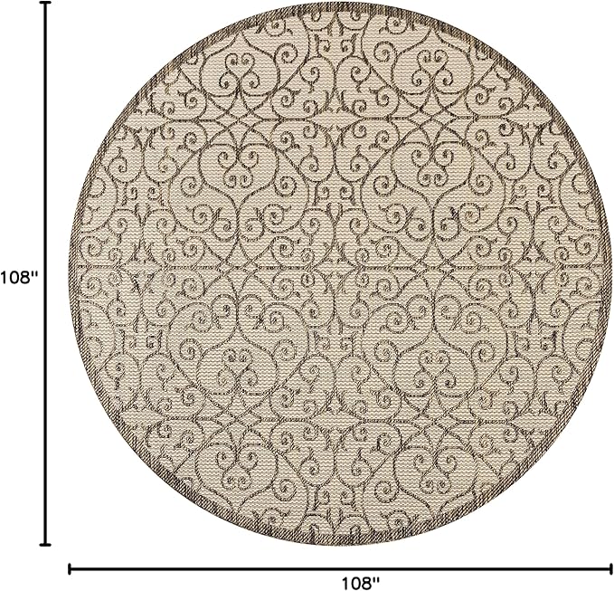 JONATHAN Y Vintage Filigree Indoor Outdoor Round Area Rug 9 Ft Beige/Brown, Madrid Textured Weave for Backyard, Patio, Porch, Easy-Cleaning, High Traffic, Pet-Friendly, Non-Shedding (SMB107B-9R)