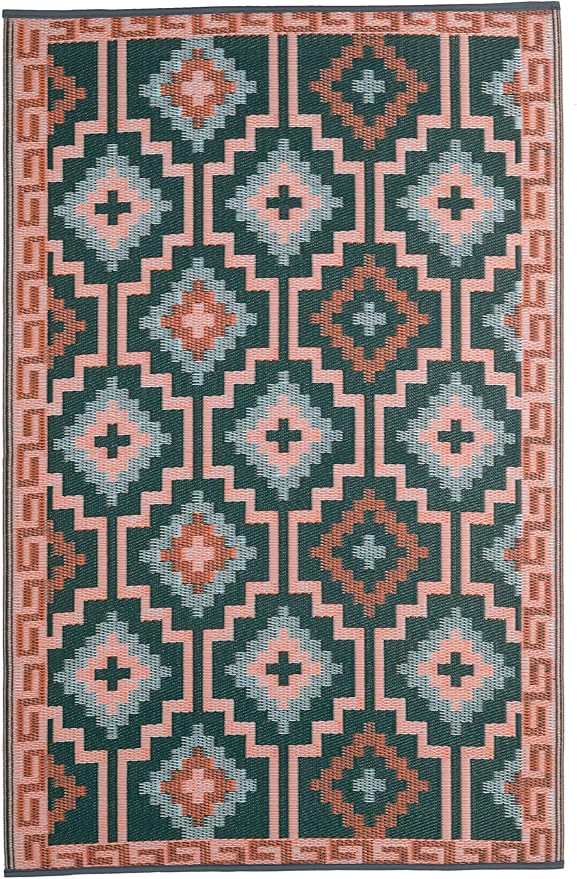 Fab Habitat Outdoor Rug - Waterproof, Fade Resistant, Crease-Free - Premium Recycled Plastic - Vintage Boho Kilim - Porch, Deck, Balcony, Mudroom, Laundry Room, Patio - Lhasa - Green - 3 x 5 ft