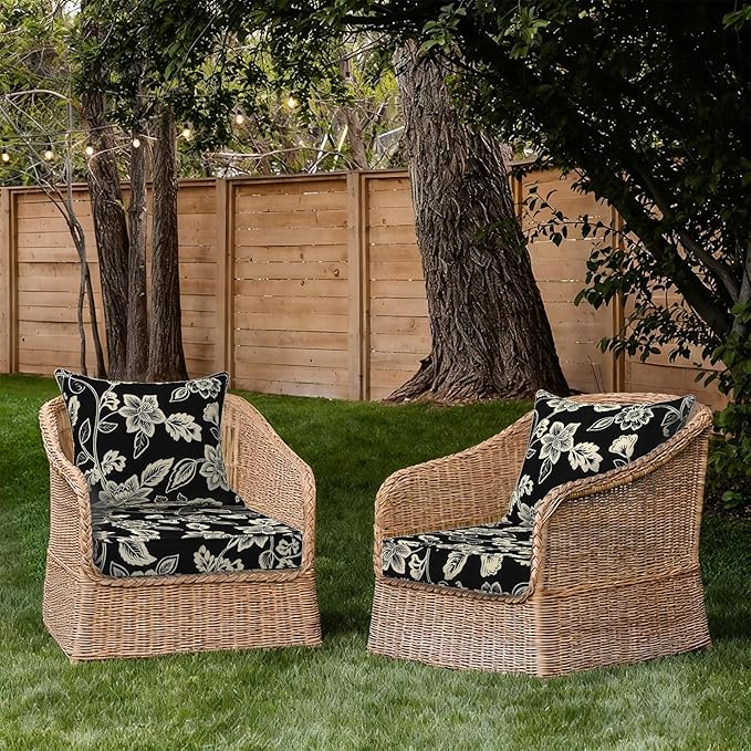 Outdoor Deep Seat Cushion Set, Water Repellent 24"x24" Patio Thick Cushions Replacement with Seat & Back Pillow for Patio Sofa, Wicker Chair, Couch - Vines Black