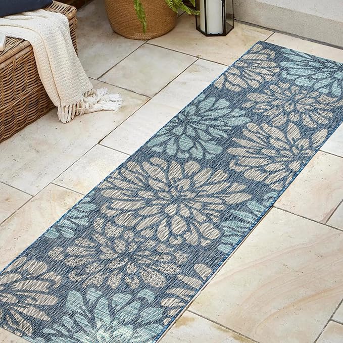 JONATHAN Y Floral Textured Weave Indoor Outdoor Runner Rug 2X8 Navy/Aqua, Zinnia Modern for Backyard, Patio, Porch, Easy-Cleaning, High Traffic, Pet-Friendly, Non-Shedding (SMB110C-28)