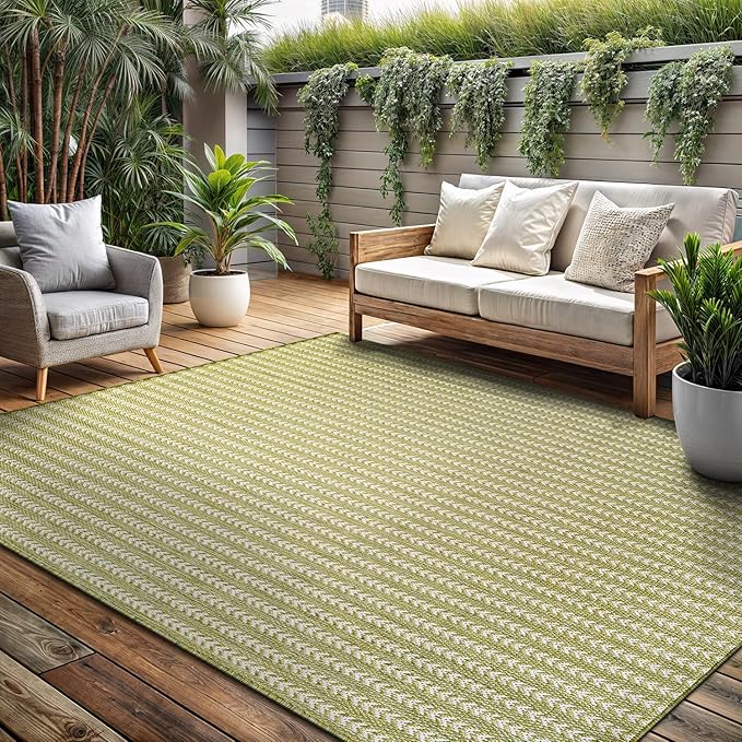 Washable Outdoor Rug 8x10 Modern Area Rugs Outdoor Carpets Striped Pattern Non Shedding Waterproof Easy Clean Patio Deck Porch Living Room Bedroom Garden RV (8 X 10 Olive)
