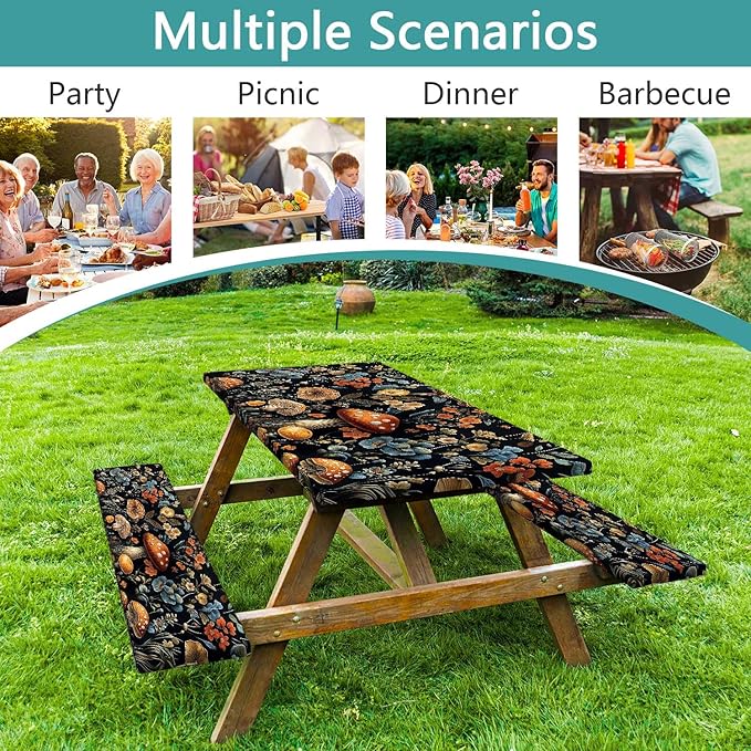 Picnic Table Cover with Bench Covers and Bag, Summer Outdoor Waterproof Windproof Tablecloth with Elastic Edges, Camping Accessories RV Gear Campers 3 Pcs Set, Black Mushroom 30X72inch