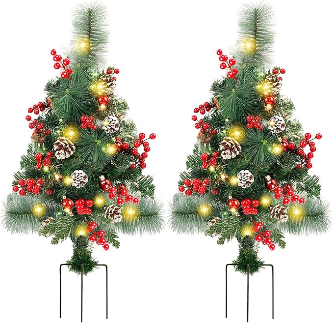 FORUP Set of 2 30 Inch Pre-Lit Pathway Christmas Trees Urn Filler, Outdoor Christmas Tree Decorations for Porch, Driveway, Yard, Garden, with 60 LED Lights, Red Berries, Pine Cones, Red Ball Ornaments
