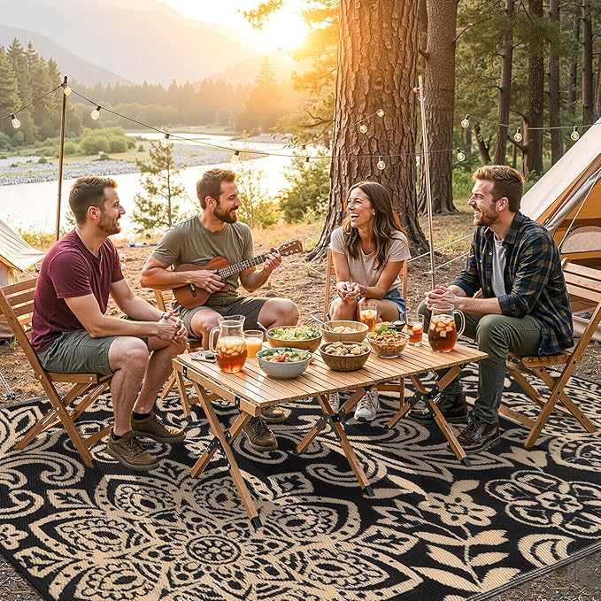 Findosom Waterproof Outdoor Rug 8' x 10' - Reversible Mandala Outdoor Plastic Straw Rug, Durable Foldable Patio Rug for RV, Deck, Balcony, Backyard, Picnic, Porch, Camping, Beach, Black