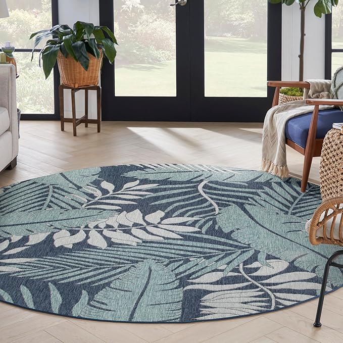 Nourison Home Garden Oasis Navy 8' x Round Area Rug - Easy Clean, Non Shedding, Bed Room, Living Room, Dining Room, Kitchen (8' x Round)