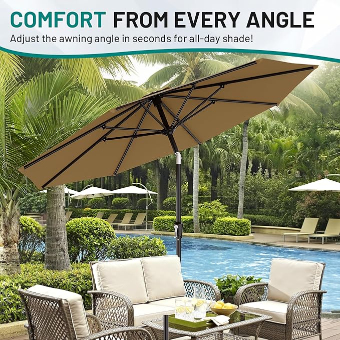 AreShark 9 FT Patio Umbrella for Outdoor, Outdoor Table Umbrella with Push Button Tilt and Crank, Outdoor Patio Umbrellas with 8 Sturdy Ribs for Market, Garden, Pool (Khaki)
