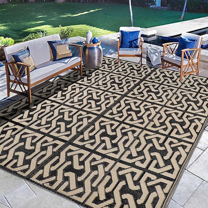 SAND MINE Reversible Mats, Plastic Straw Rug, Modern Area Rug, Large Floor Mat and Rug for Outdoors, RV, Patio, Backyard, Deck, Picnic, Beach, Camping, Trailer, Black & Beige, 5' x 8'