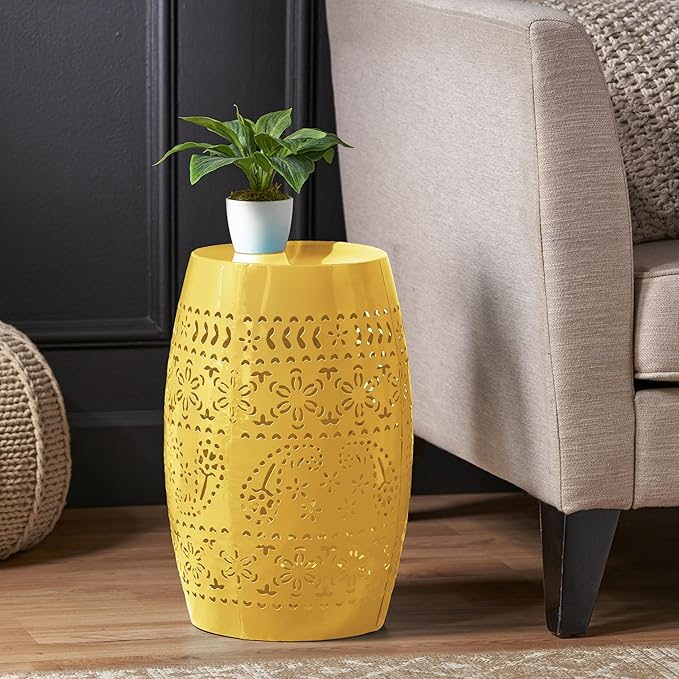 Christopher Knight Home Zoey Small Outdoor Side Table, Lace Cut Iron End Table, Metal Outdoor Stool, Hollow Drum Round Side Table, Decorative Garden Stool with Cutout Design for Patio Balcony, Yellow
