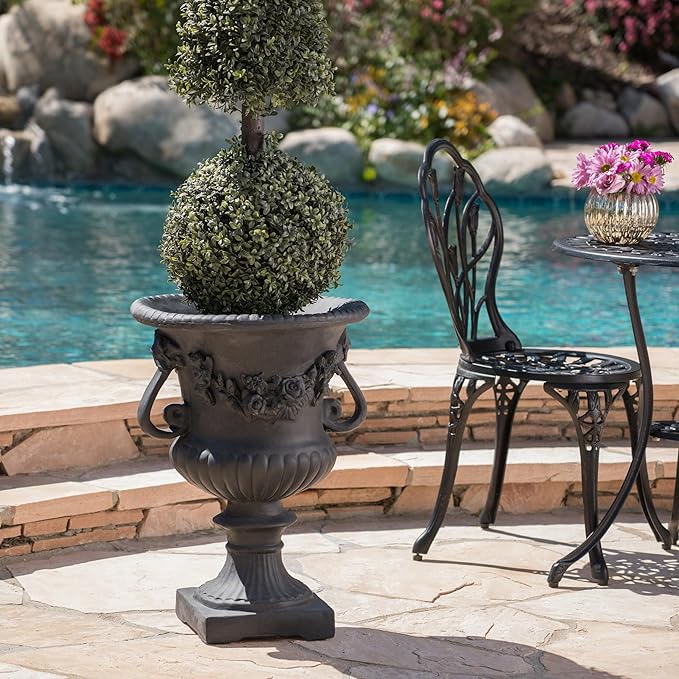Antique Black Magnesium Oxide Urn Planter, Elegant Decorative Outdoor Garden Patio or Indoor Vase, Ready to Use, 17.3L x 17.3W x 24H Inches