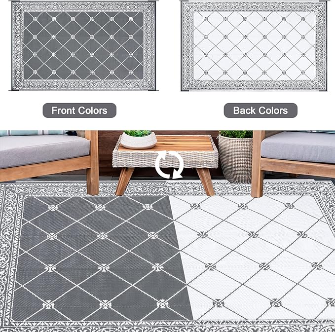 HiiARug Reversible Mats Outdoor Rug 6'x9' for Patio Plastic Straw Patio Rugs Outdoor Rugs Large Floor Mat for Ourdoor Decor,Garden, Patio, Backyard, Deck, Picnic, RV, Camping (Grey)