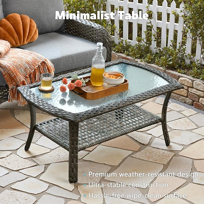 4-Piece Wicker Patio Furniture Set, All-Weather Rattan Conversation Bistro Loveseat Chair and Table Set for Backyard, Balcony and Deck with Soft Cushions and Metal Table(Dark Gray)