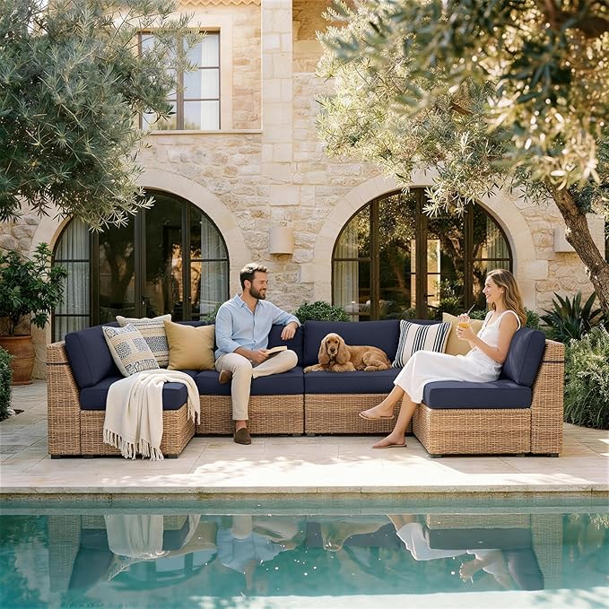 Outdoor Replacement Cushions for Patio Furniture, 5" Foam High-Density, 14-Piece Water-Resistant Outdoor Cushion for 6-Seat Sectional Patio Conversation Sets, Liner&Cover