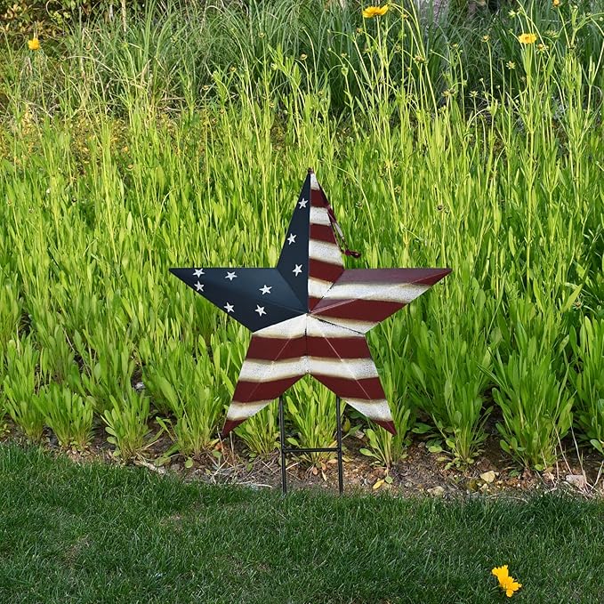Veclotch 4th of July Metal Barn Star Yard Sign Outdoor Lawn Decor, Patriotic US Flag Star Barn Hanging Ornament Garden Signs