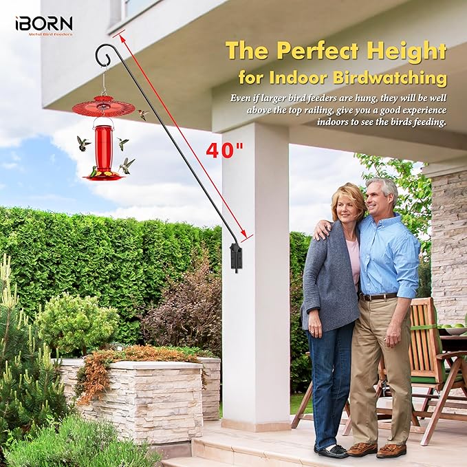 iBorn Wall Mount Deck Hook, 40" Squirrel Proof Bird Feeder Pole, Heavy Duty Extended Reach Wall Mounted Deck Hook Wall Pole, 180° Rotatable Arm, Solid Wire, Pack of 2