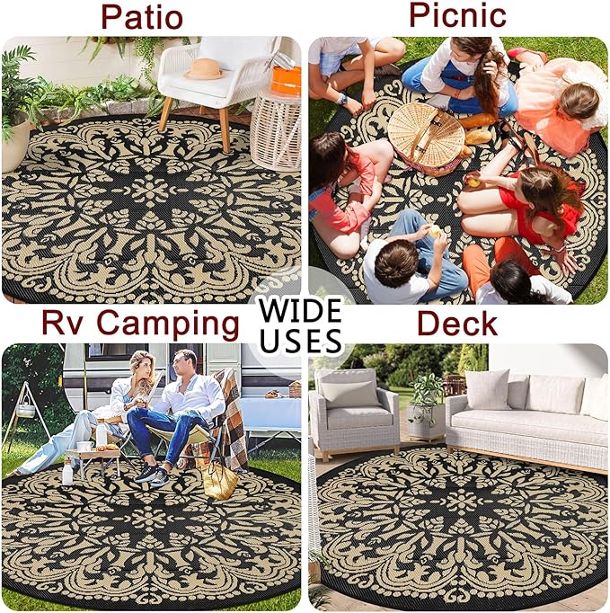 Homcomoda 8Ft Round Bohemian Mandala Outdoor Patio Area Rug, Black/Brown, Waterproof, Low Pile, Machine Made