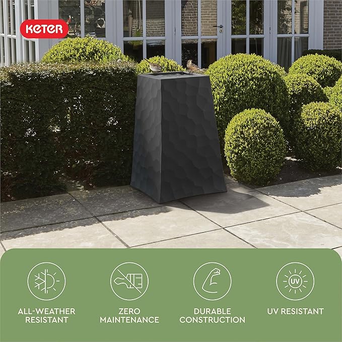 Keter Stone Tapered Planter Set of 2, Tall 26.4‑Inch Resin Outdoor Flower Pots with Stone‑Look Finish and 12.2‑Gallon Capacity, Graphite