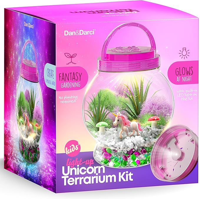 Dan&Darci Light-Up Unicorn Terrarium Kit for Kids - Kid Easter Birthday Gifts - Best Unicorn Toys & Activities Kits Presents - Arts & Crafts for Girls & Boys Age 4 5 6 7 8-12 Year Old Girl Gift