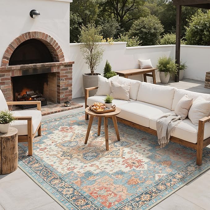 GENIMO Outdoor & Indoor Area Rug 6'x9', Waterproof, Non-Shedding, Easy Cleaning, Boho Mat for Patio, Living Room, Balcony, Dining Room, RV, Deck, Bedroom, Camping, Outside Carpet,Blue Salmon