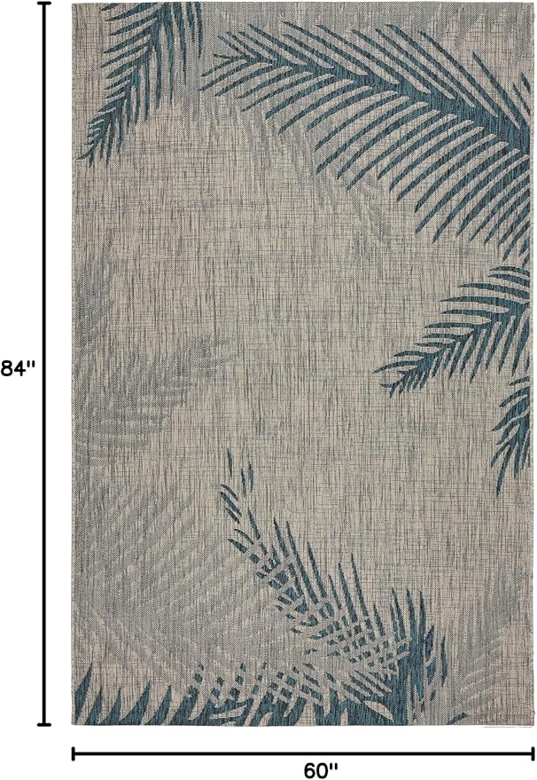 LR Home Captiva 5x7 Indoor/Outdoor Area Rug for Home Decor | Coastal Palm Leaf Carpet for Living Room, Bedroom, Playroom, Patio, Garden | Modern Farmhouse Rug | Blue/Beige