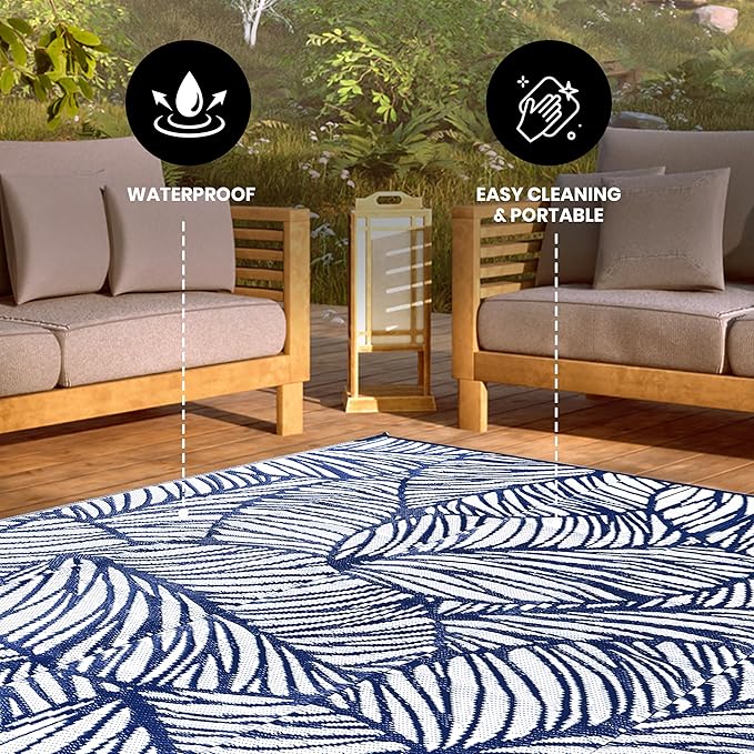 Utopia Home Waterproof Outdoor Rug for Patio 6 x 9 ft, Reversible Plastic Straw Mat for Camping, Picnics, Balcony, Patio, Leaves - Navy & White