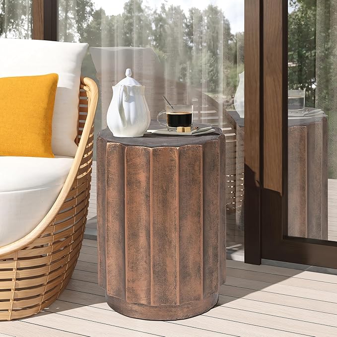 LuxenHome Weathered Copper Cement Fluted Round Indoor Outdoor Side and End Table, Set of 2