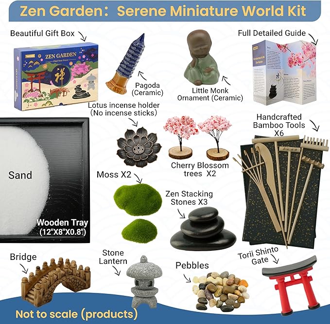 Zen Garden Kit for Desk, 12x8 Inch Sand Tray with 16 Accessories and 6 Tools, Japanese Meditation Mini Garden Set,Mini Meditation Decor for Adults, Stress Relief, Home & Office Decor, Unique Gift Set.