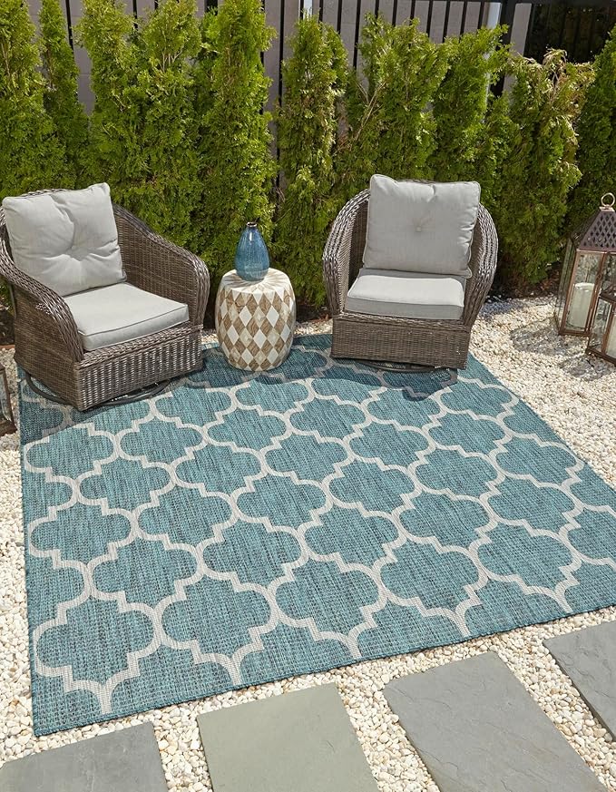 Unique Loom Outdoor Trellis Collection Area Rug (5' 1" Square, Teal/ Gray)