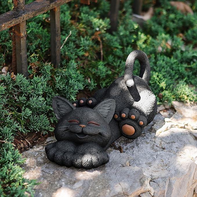 JFSM INC. 12" Whimsical Lounging Black Cat Garden Statue - Indoor Outdoor Relaxed Zen Cat Sculpture - Cat Lover Gifts, Decorations for Patio Yard Lawn Porch