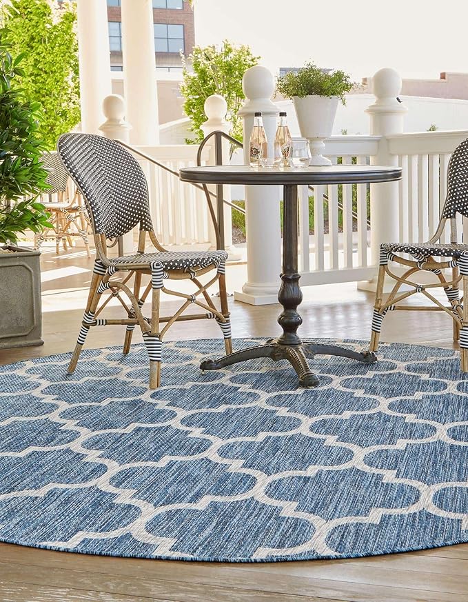 Unique Loom Outdoor Trellis Collection Area Rug (12' Round Navy Blue/Ivory)
