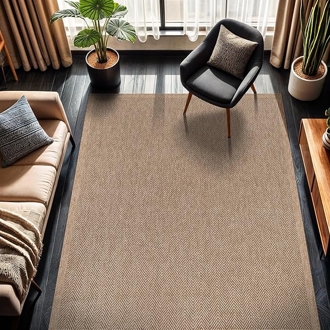 CAMILSON Easy Jute Rug 9x12, Indoor Outdoor Natural Color Fiber Area Rugs for Living Room and Patio Rug Herringbone Seagrass Boho Woven Design Easy-Cleaning Washable Outside Carpet Alfombras 9 x 12
