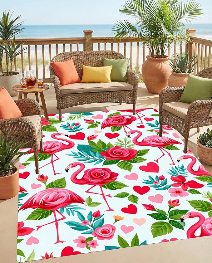 Romantic Flamingo Outdoor Rug 3x5 Pink Blue Green Tropical Floral Outside Rugs for Patio Porch Balcony Deck Waterproof Soft Carpet with Rose and Heart Print Washable RV Camping Garden Mat