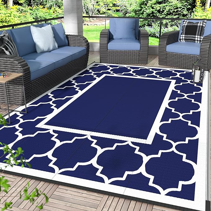 GENIMO 6' x 9' Outdoor Rug Waterproof for Patio Fall Decor, Foldable Reversible Plastic Straw Area Rugs Mat for Camper, Outside Carpet for Rv, Deck, Porch, Picnic, Beach, Balcony, Blue & White