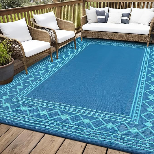 Garvee Outdoor Rug 8x10, Patio Rug Waterproof Plastic Straw Waterproof Reversible Patio Mat, Plastic Straw Rug for RV, Camping, Deck, Balcony, Easy Clean & Portable,Green/Blue