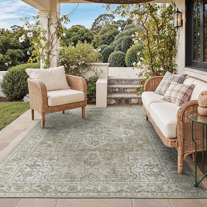 GENIMO Outdoor & Indoor Area Rug 4'x6', Waterproof, Non-Shedding, Easy Cleaning, Boho Mat for Patio, Living Room, Balcony, Dining Room, RV, Deck, Bedroom, Camping, Outside Carpet,Coffee Beige
