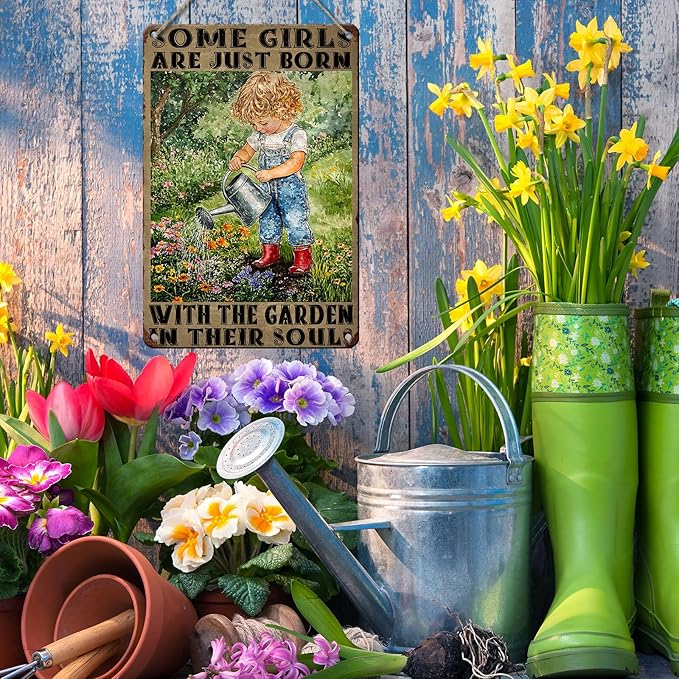 PEACHGARDEN Garden Signs for Outside Some Girls Are Just Born with The Garden Metal Tin Sign Vintage Outdoor Decor for Yard Patio Shed 8x12inch