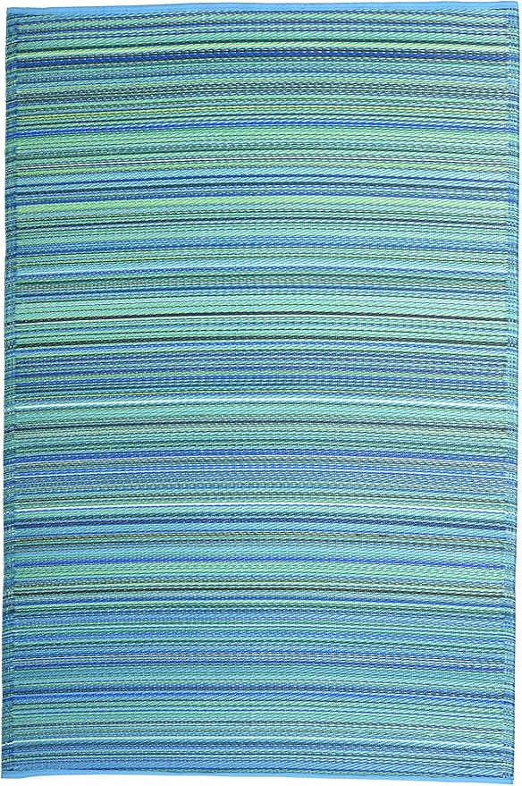 Fab Habitat Outdoor Rug - Waterproof, Fade Resistant, Crease-Free - Premium Recycled Plastic - Striped - Large Patio, Deck, Sunroom, Camping, RV - Cancun - Turquoise & Moss Green - 8 x 8 ft