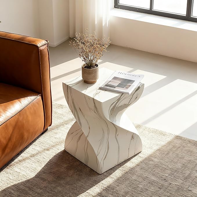 14.37" Cement End Tables for Patio,Faux Terrazzo Modern Small Squre Side Accent Table,Tree Stump Garden Stool Drum Indoor and Outdoor,Marble