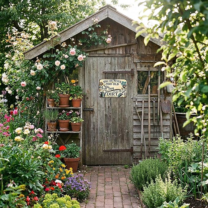 Funnysign Garden Gifts You're Never Too Old To Play In The Dirt Vintage Gardening Tin Sign for Home Garden Patio Greenhouse Yard Decor 8 X 12 Inch (3841)