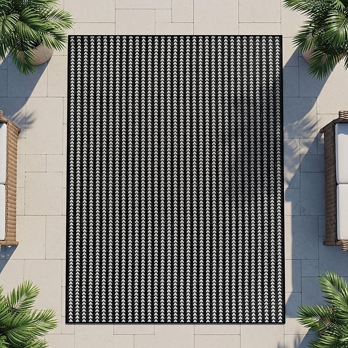 Washable Outdoor Rug 8x10 Modern Area Rugs Outdoor Carpets Striped Pattern Non Shedding Waterproof Easy Clean Patio Deck Porch Living Room Bedroom Garden RV (8 X 10 Black)