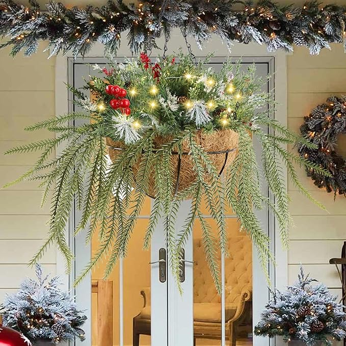 DR.DUDU Christmas Decorations Hanging Baskets, 18" Artificial Basket with Lights Timer for Outdoor Porch with Norfolk Pine Cones Berry Clusters Holiday Winter Xmas Decor for Home Front Door Yard