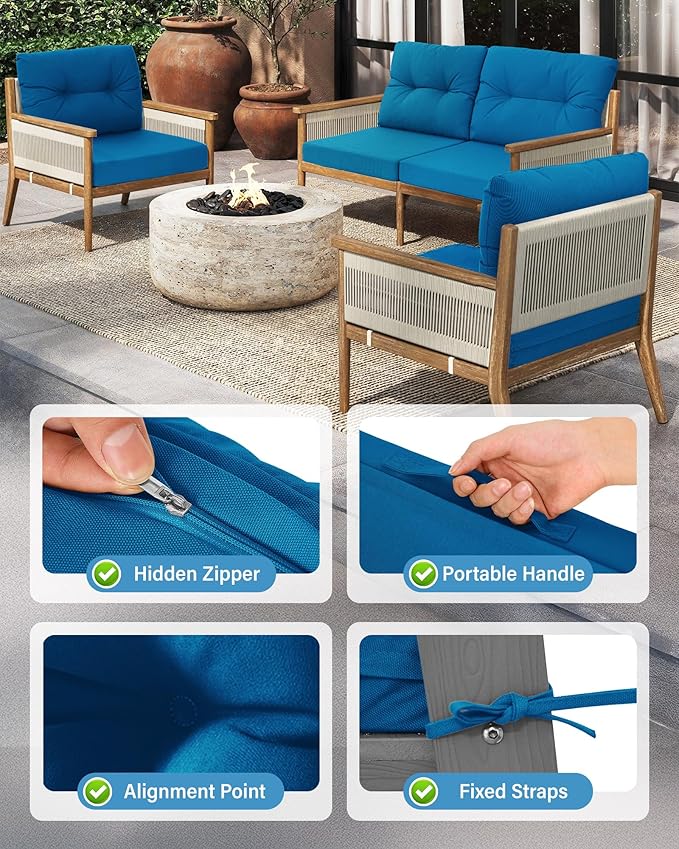 YEFU Outdoor Cushions for Patio Furniture: Waterproof Fade-Resistant Outdoor Chair Cushions Set of 4 - Deep Seat Patio Cushions Replacement with Ties for Chair Sofa Couch - 24 x 24 Inch(Dark Blue)