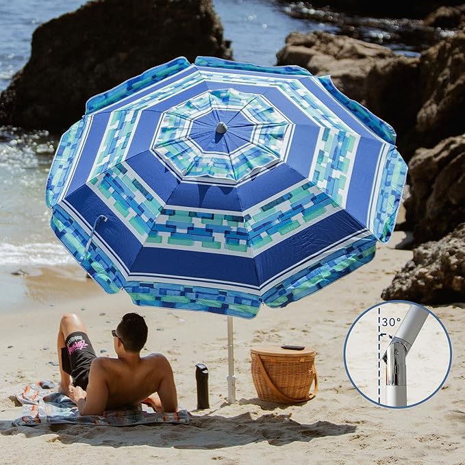 AMMSUN 7ft Heavy Duty Windproof Portable Beach Umbrella with Sand Anchor Vent Adjustable Height with Tilt Aluminum Pole, Portable UV 50+ Protection Carry Bag for Patio Garden Beach Pool Backyard
