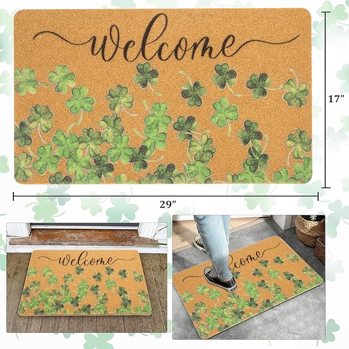 Lucky Clover Welcome Door Mat Outside Entrance, Faux-Coir Green Shamrock Thin Doormat, St. Patricks Day Decoration Outdoor Porch-Rug 17"X30" Non-Slip Dirt-Trapping for Home Garden Farm Spring Decor