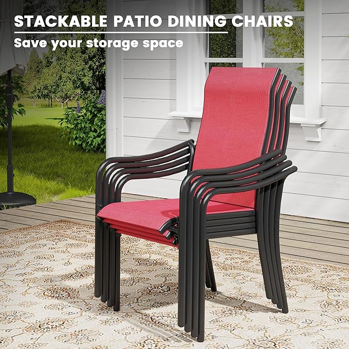 VICLLAX Patio Stackable Dining Chairs Set of 4, Outdoor Sling Chairs with Breathable Fabric and High Back for Balcony Porch Backyard, Red